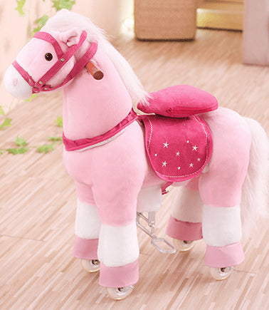 Kids Plush Ride On Toy Walking Horse with Wheels